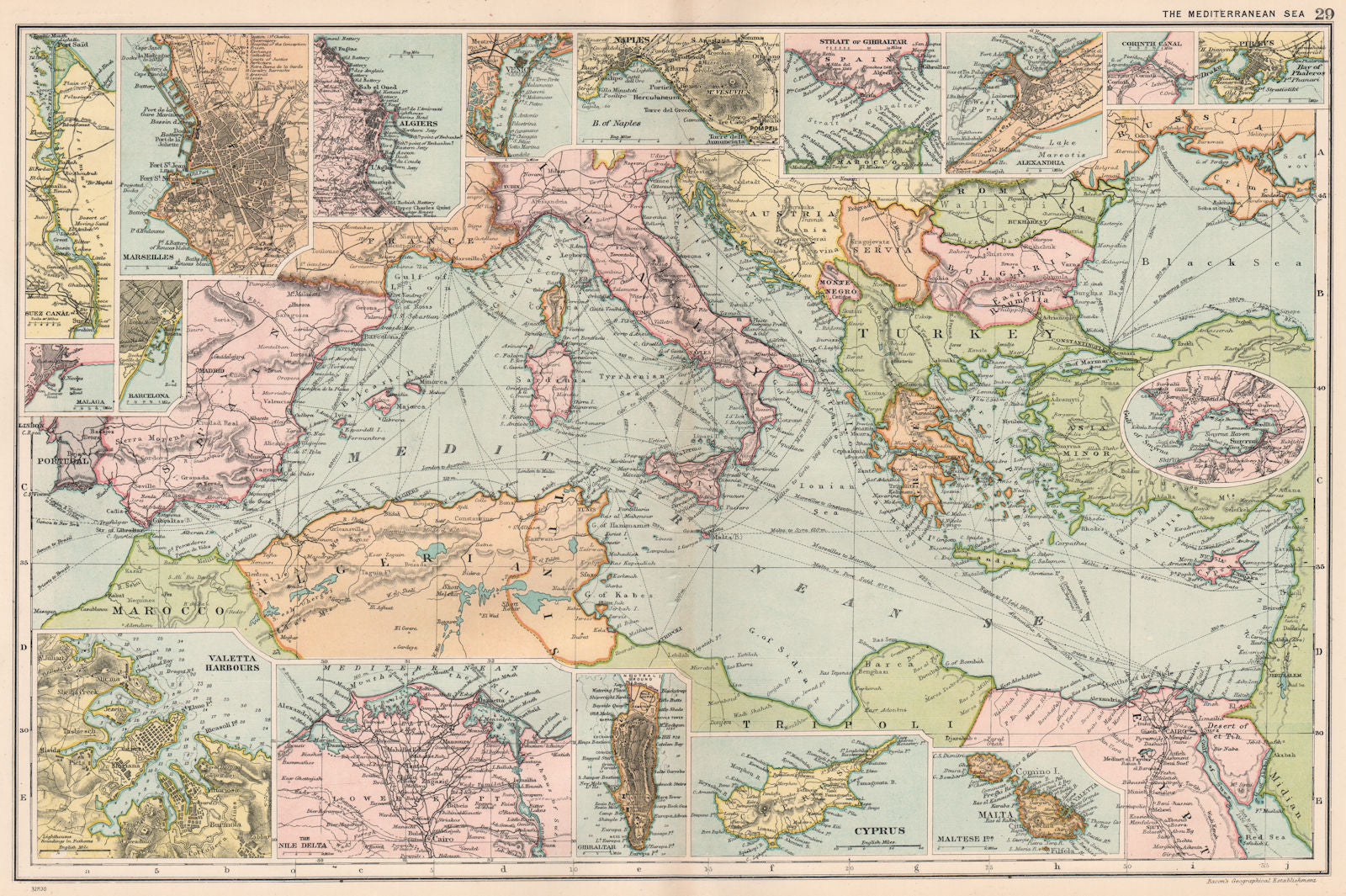 MEDITERRANEAN PORTS. Marseille Gibraltar Valetta Naples Algiers Piraeus 1903 map